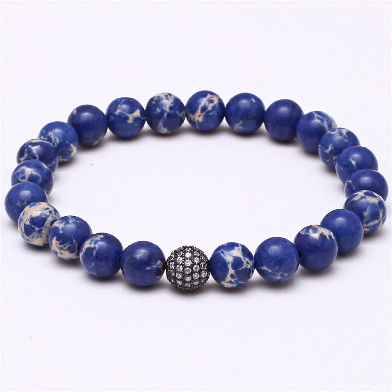 Pulseras elásticas con cuentas de piedra azul de 8 mm pulsera hecha a mano de moda para hombres mujeres - Imagen 8 de 10