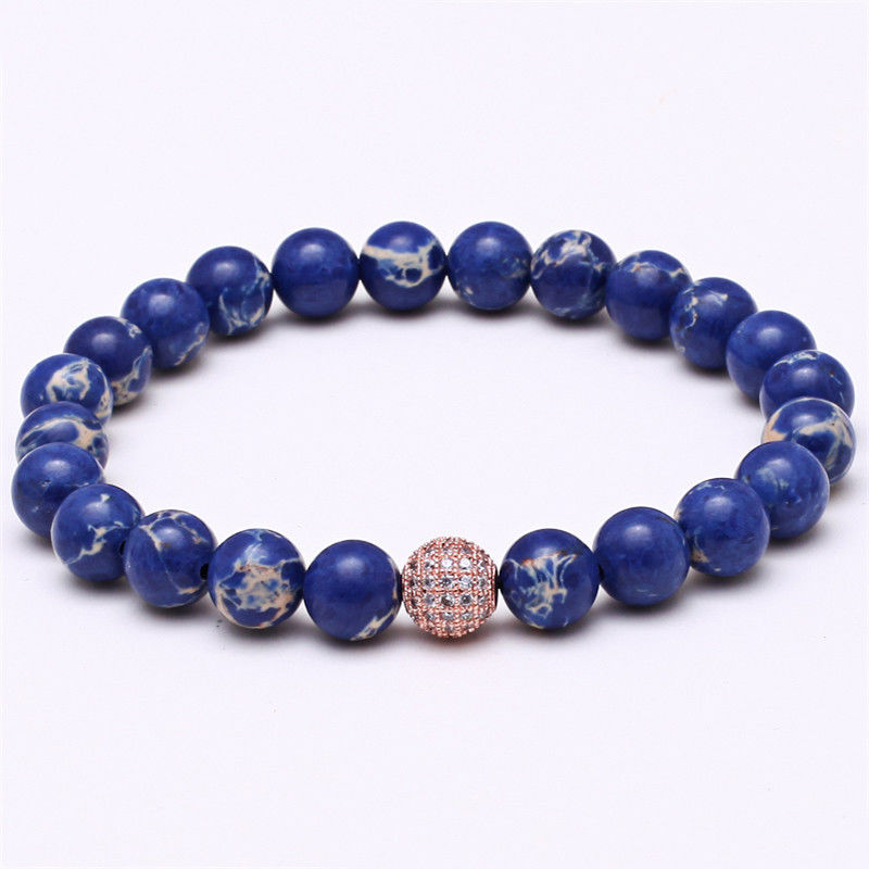 Pulseras elásticas con cuentas de piedra azul de 8 mm pulsera hecha a mano de moda para hombres mujeres - Imagen 9 de 10