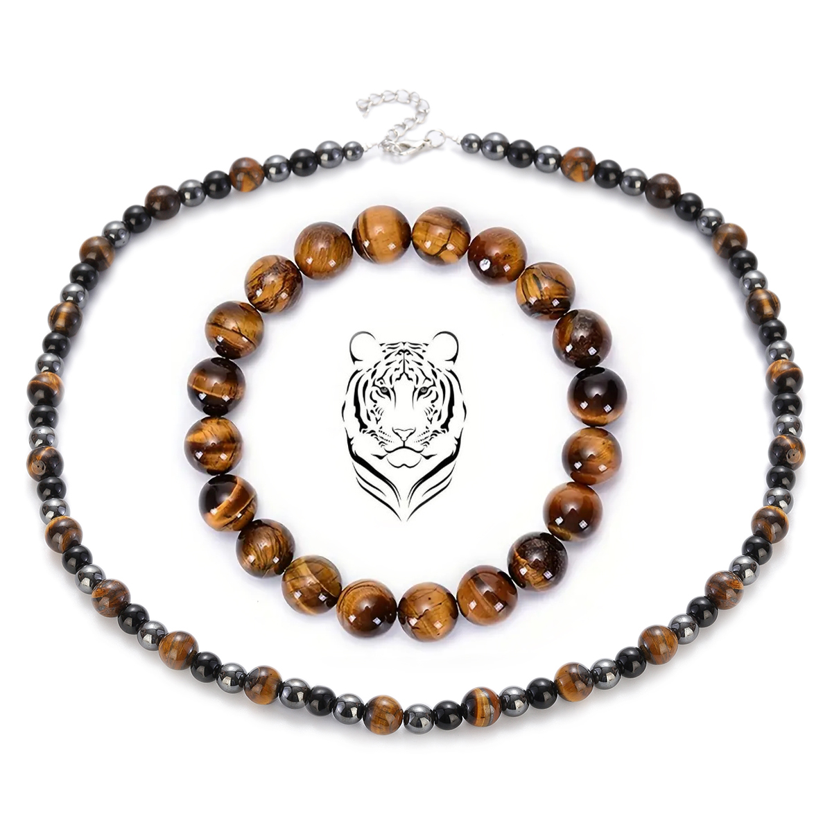 Triple Protection Men's Necklaces Tiger Eye Hematite Stone Beaded Bracelet Set