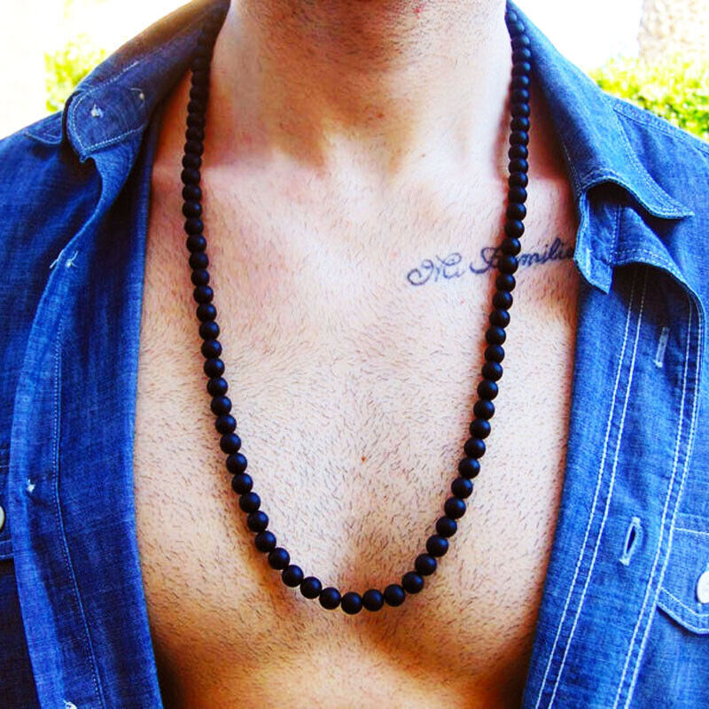 Men's 8mm Natural Tiger Eye Bead Necklace Hematite Lava Obsidian Necklace 24"