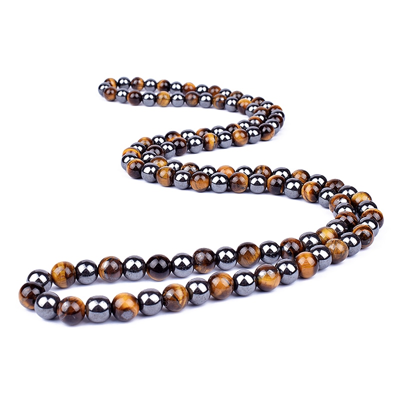 Men's 8mm Natural Tiger Eye Bead Necklace Hematite Lava Obsidian Necklace 24"