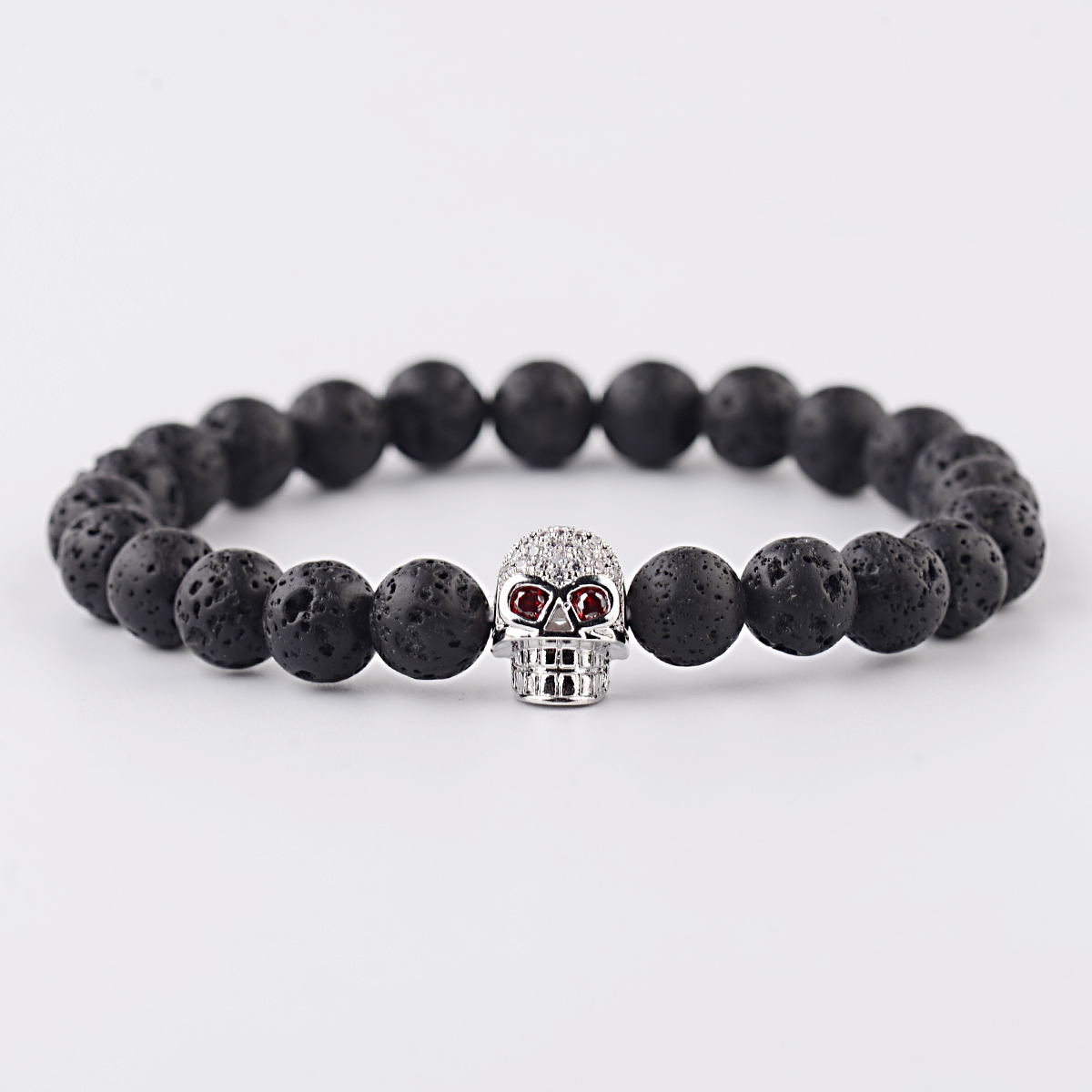 Gothic Skull Bracelet Healing Black Lava Stone Beaded Bracelet Viking Jewelry