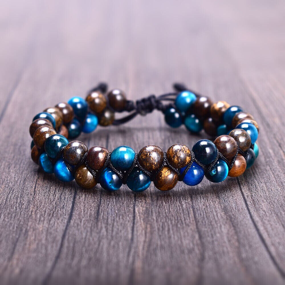 6mm Blue Tiger Eye Bronzite Stone Beads Double Layer Braided Men Bracelet Bangle - Picture 4 of 5