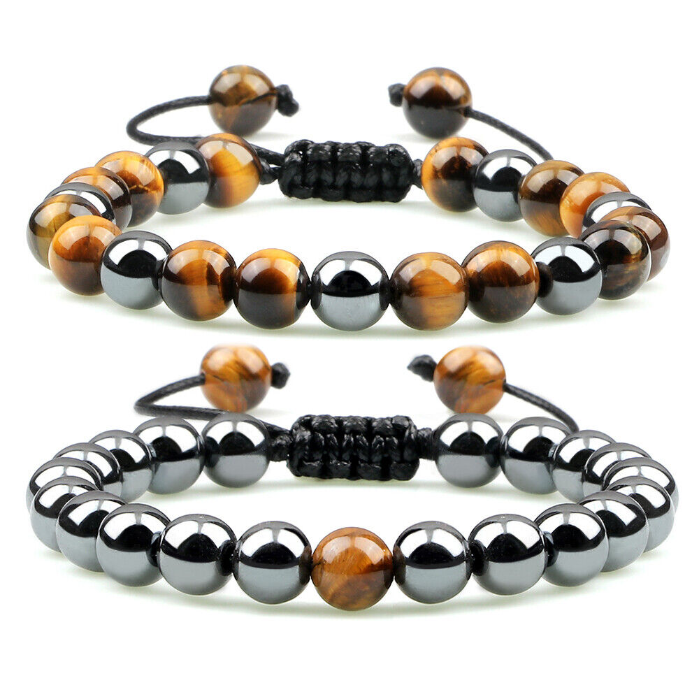 2pcs Tiger Eye Beads Hematite Bracelet Handmade Adjustable Men Protection Energy - Picture 12 of 13
