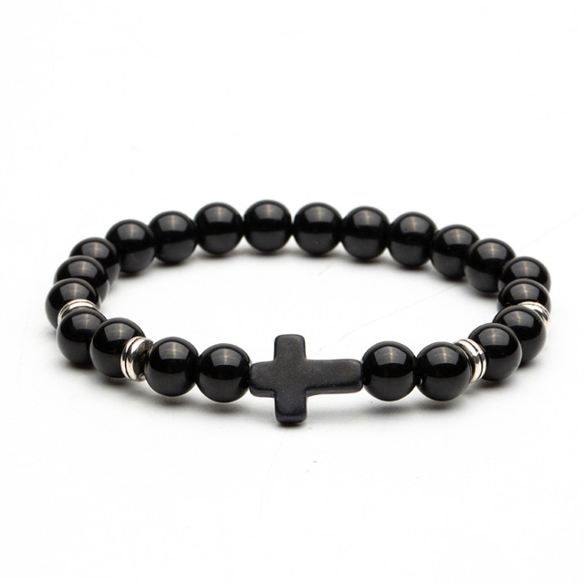 Black Lava Stone Beaded Cross Bracelet Fashion Hip Hop Charm Bracelets for Men - Picture 14 of 16