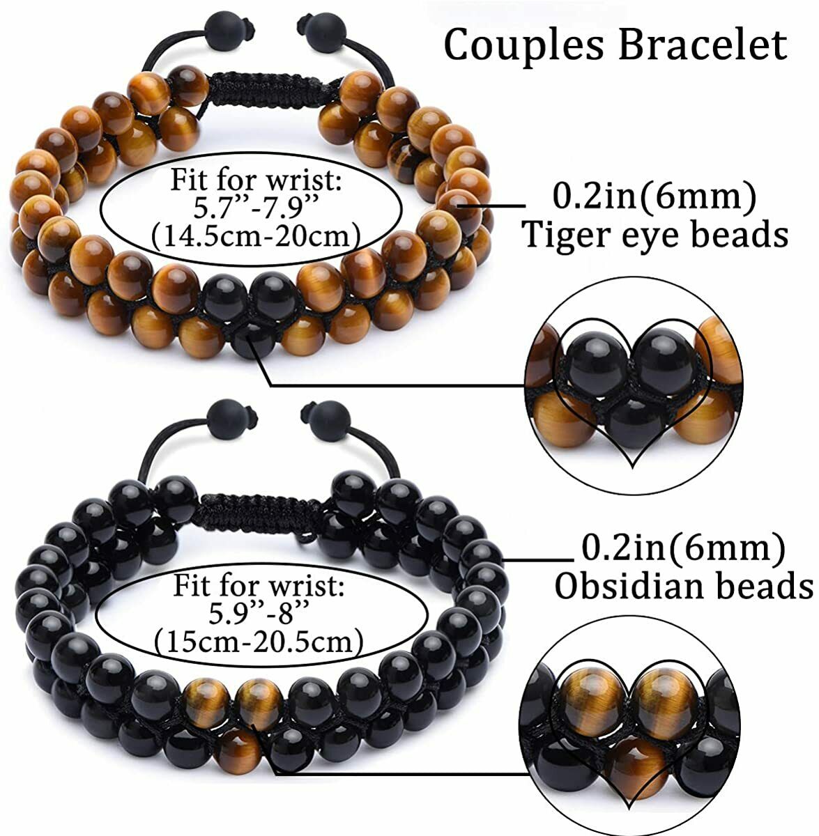 2Pcs/Set 6mm Double Weave Adjustable Bracelets Healing Energy Couples Gifts