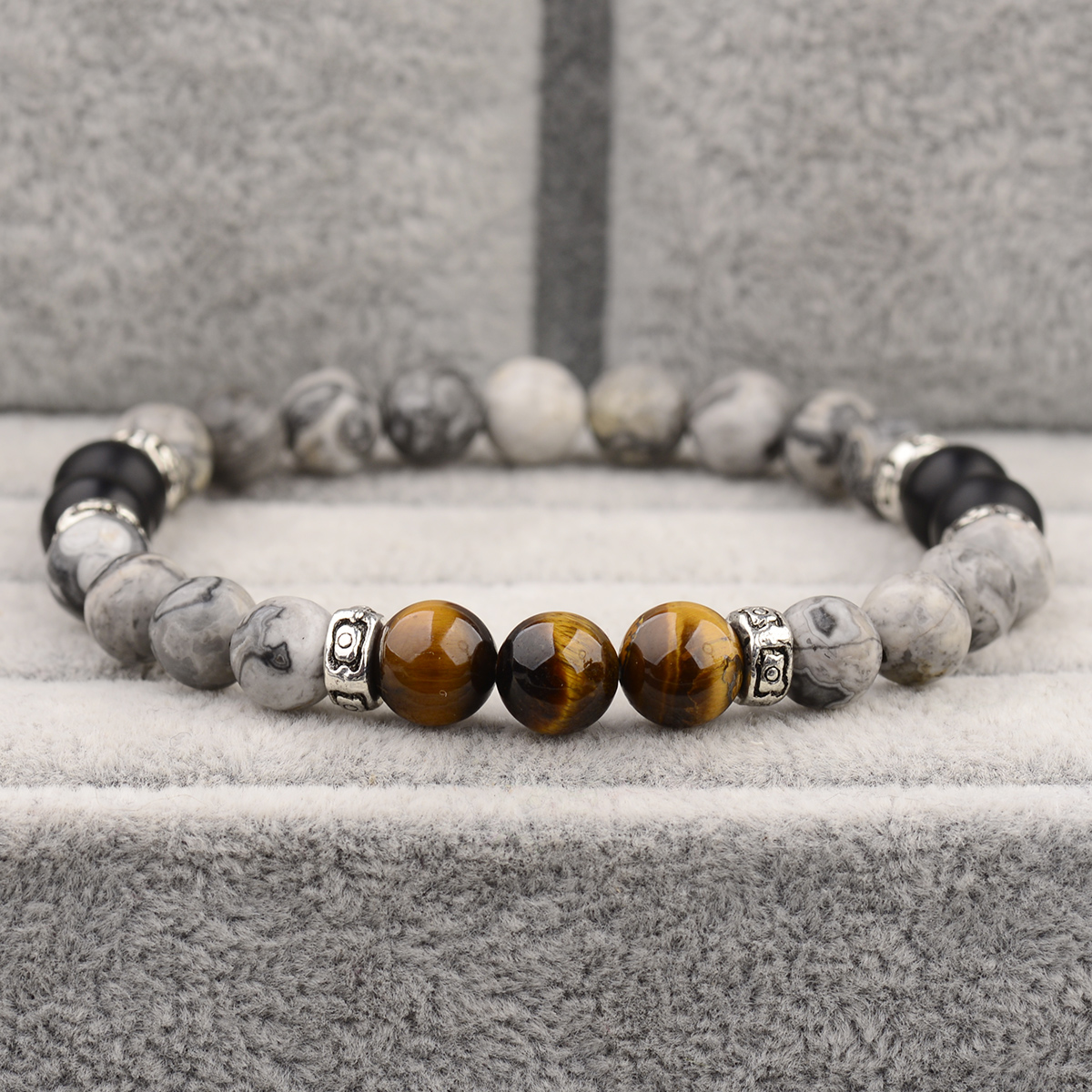 Concise Tiger Eye Gothic Bracelets for Men Women Gray Map Stone Beaded Bracelet