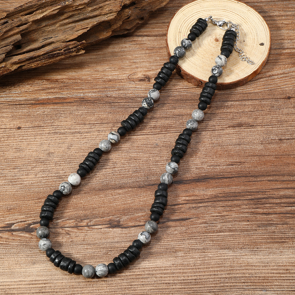 Fashion Natural Stone Wood Beaded Lava Stone Choker Necklace Jewelry For Men - Picture 9 of 13