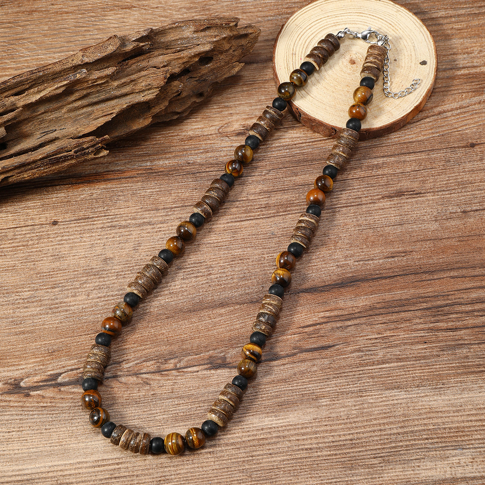 Fashion Natural Stone Wood Beaded Lava Stone Choker Necklace Jewelry For Men - Picture 12 of 13