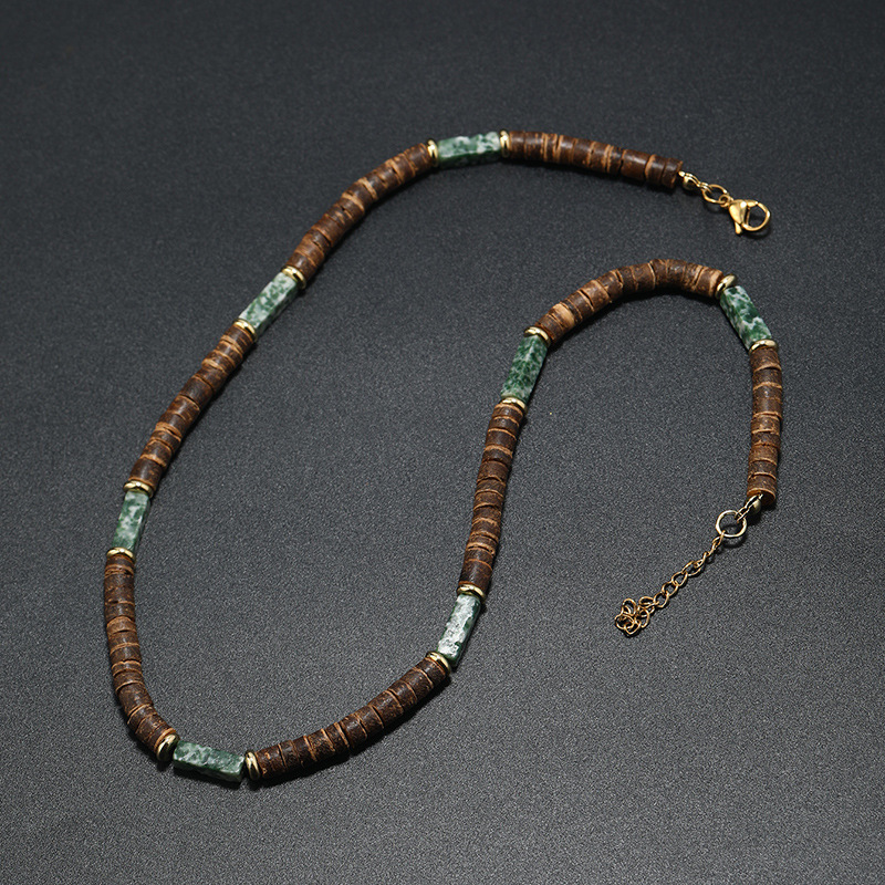 Vintage Bohemia Coconut Necklace for Men Tribal India Onyx Wooden Beads - Picture 8 of 27