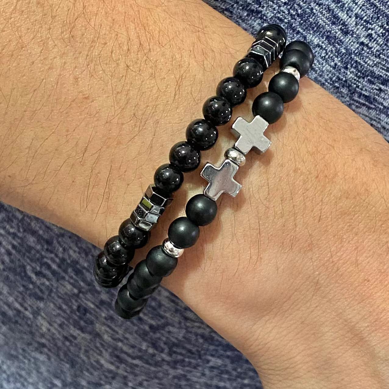 Charm Cross Elephant Bracelet Set Natural Stone Beads Hematite Bracelet Gift