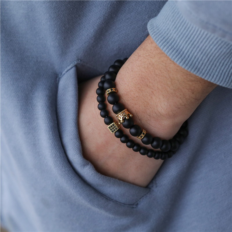 Charm Cross Elephant Bracelet Set Natural Stone Beads Hematite Bracelet Gift