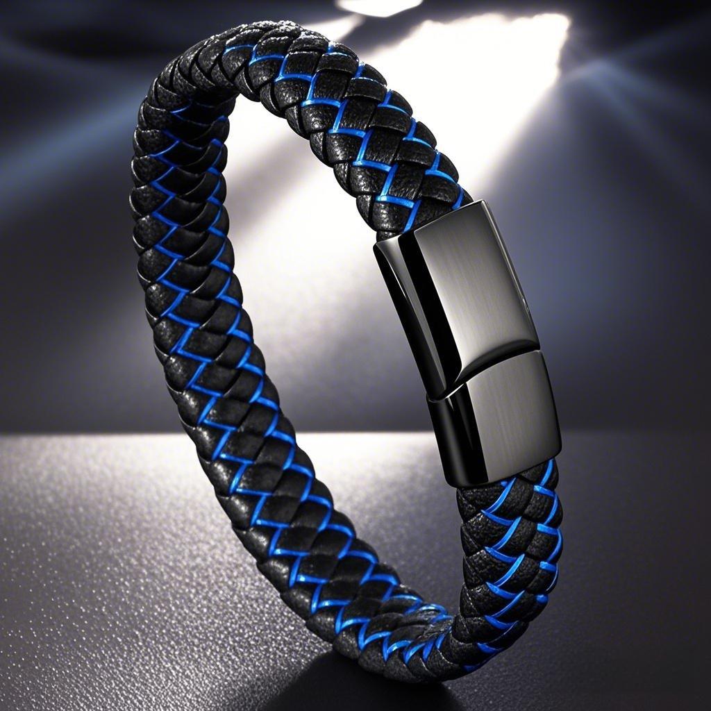 Moda Negro/Azul Hombres Acero Inoxidable Cierre Magnético Cuero Azul Brazalete Regalo - Imagen 13 de 14
