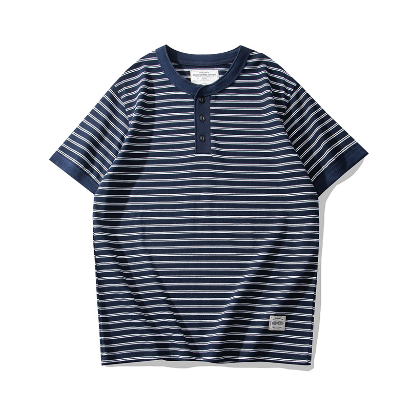 【THE MUSEUM VISITOR】 CHECK MIXED HENLEY NECK T-SHIRT NAVY Henley Shirt Men's Sailor's Striped Shirt Short Sleeve T