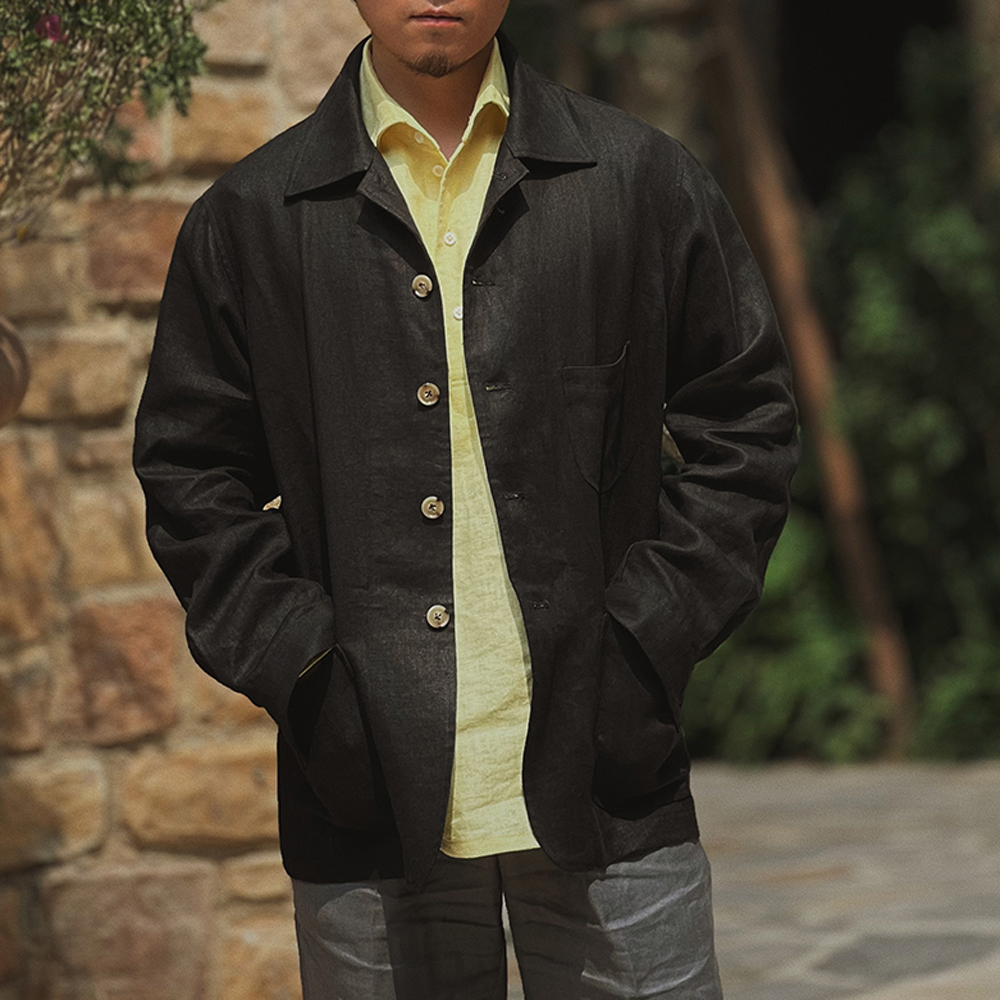 Linen Coat Men's French Chore Coat Work Jacket Vintage Casual Coat Spring Top - Picture 9 of 9