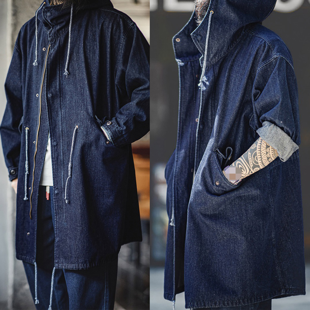 M51 PARKA Men's Denim Windbreaker Hooded Jacket Vintage Casual Trench Coat - Picture 12 of 12