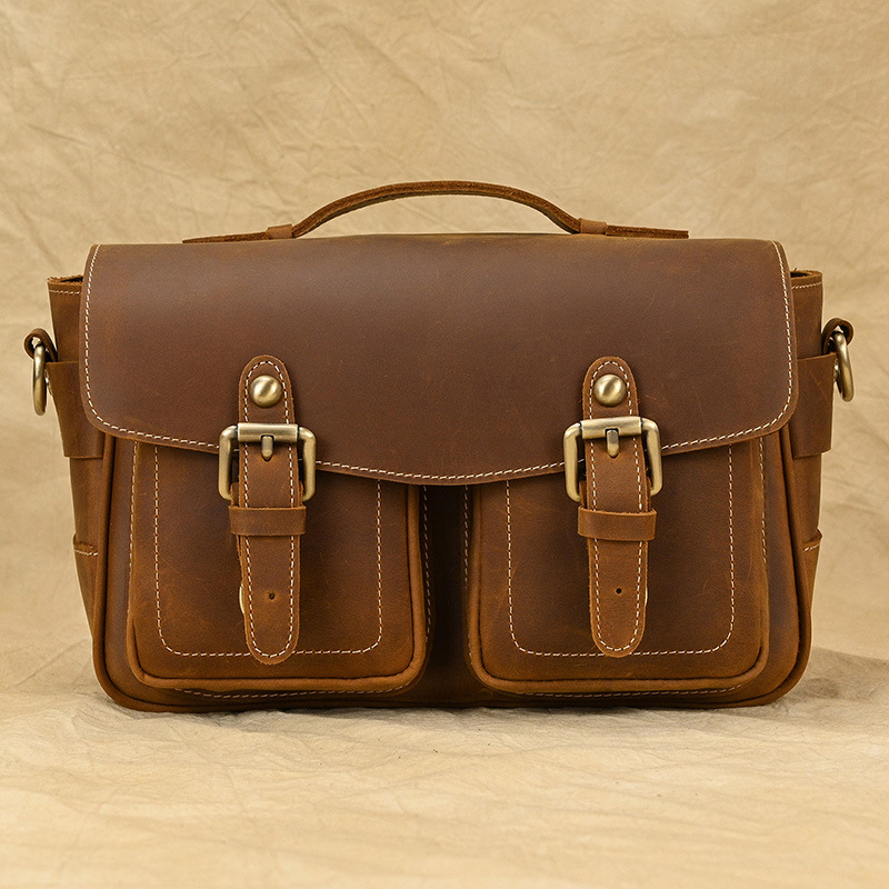 Borsa a tracolla vera pelle per fotocamera custodia messenger per obiettivo Canon Nikon - Foto 25 di 26