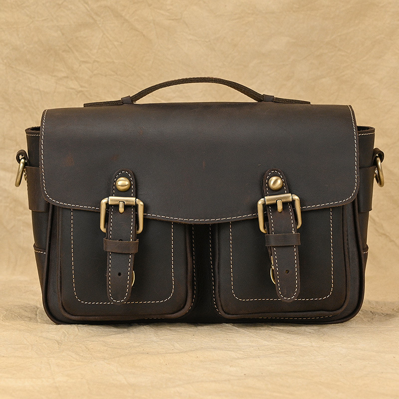 Borsa a tracolla vera pelle per fotocamera custodia messenger per obiettivo Canon Nikon - Foto 26 di 26