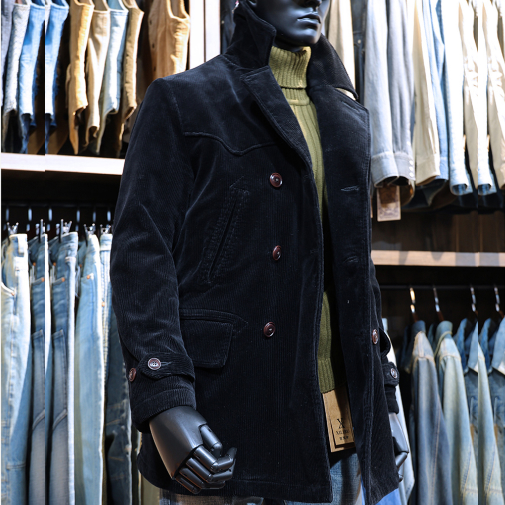 Cappotto da lavoro invernale caldo velluto a coste pavone uomo vintage casual nero top - Foto 11 di 11