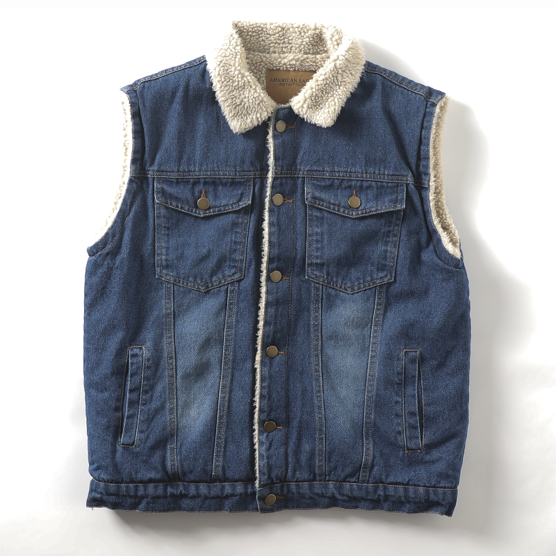 men's retro old plus velvet padded lambswool denim vest casual lapel warm coat - Bild 19 von 21
