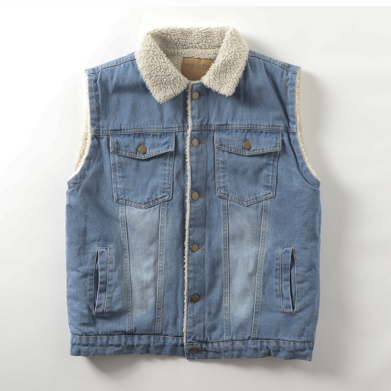 men's retro old plus velvet padded lambswool denim vest casual lapel warm coat - Bild 20 von 21