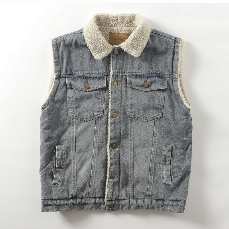 men's retro old plus velvet padded lambswool denim vest casual lapel warm coat - Bild 21 von 21