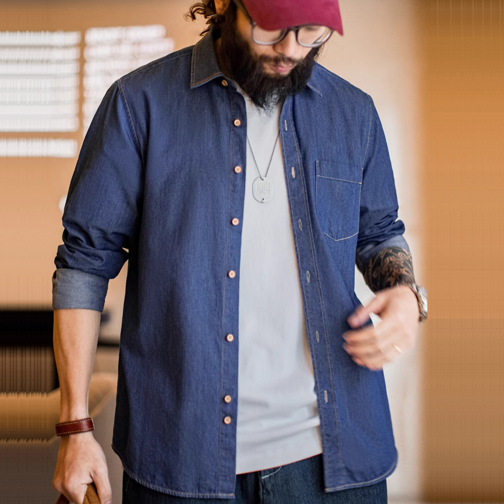 Denim Shirt Men's Work Shirt Vintage Casual Coat Slim Shirt Spring Top - Picture 11 of 11