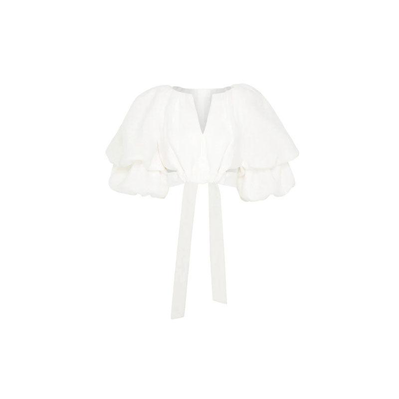 aje bubble sleeve white lace-up waist tie V-neck short blouse top - Bild 15 von 15