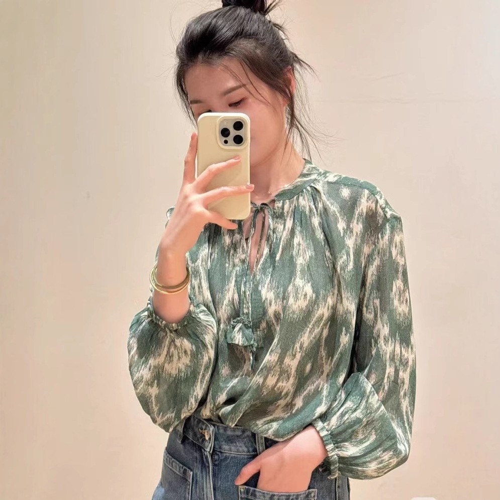 französisches Top Mode Fleckdruck V-Ausschnitt Krawatte locker Langarmshirt Damen - Bild 14 von 15