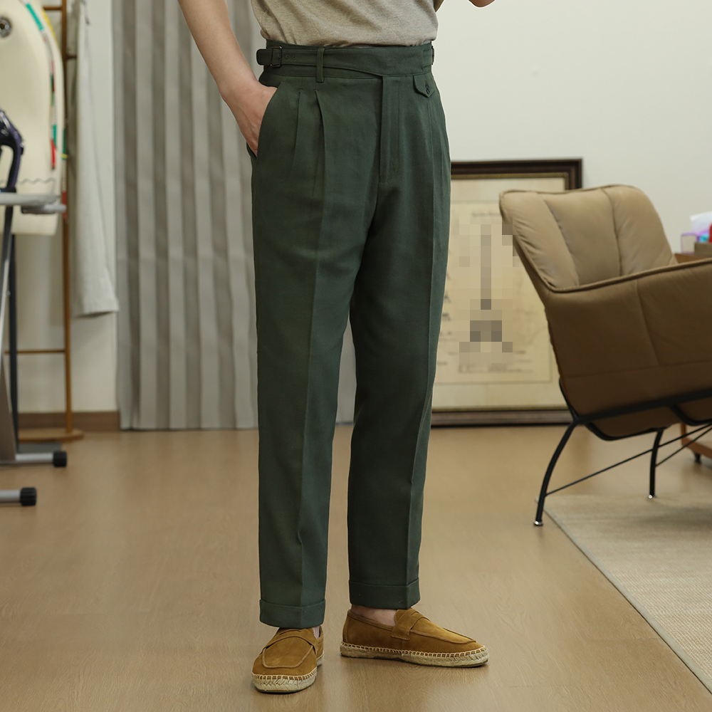 Men's Gurkha Pants Adjustable Waist Trousers Slim Suit Pants Linen/cotton Green - Picture 12 of 12