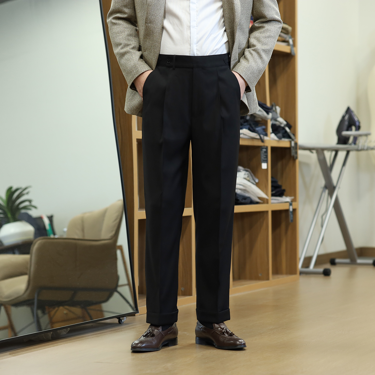 Men's Gurkha Pants Adjustable Waist Trousers Slim Straight Suit Pants Black - Picture 10 of 10