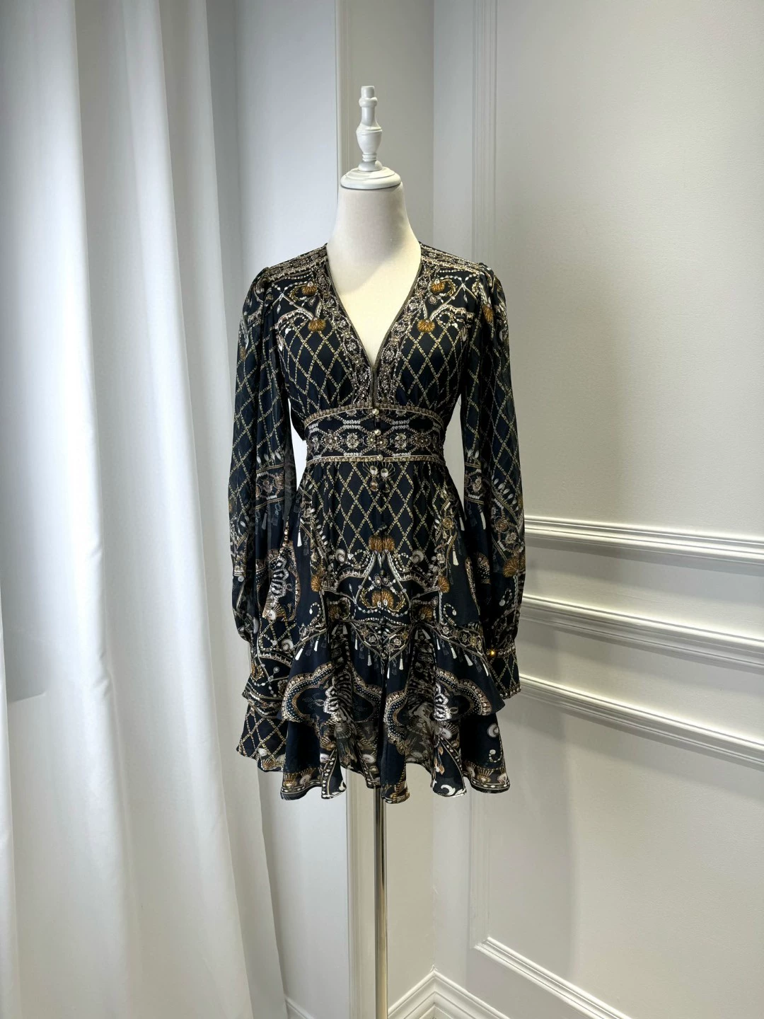 CAMILLA 100% silk printed long-sleeved mini dress V-neck crystal rhinestones - Picture 13 of 13