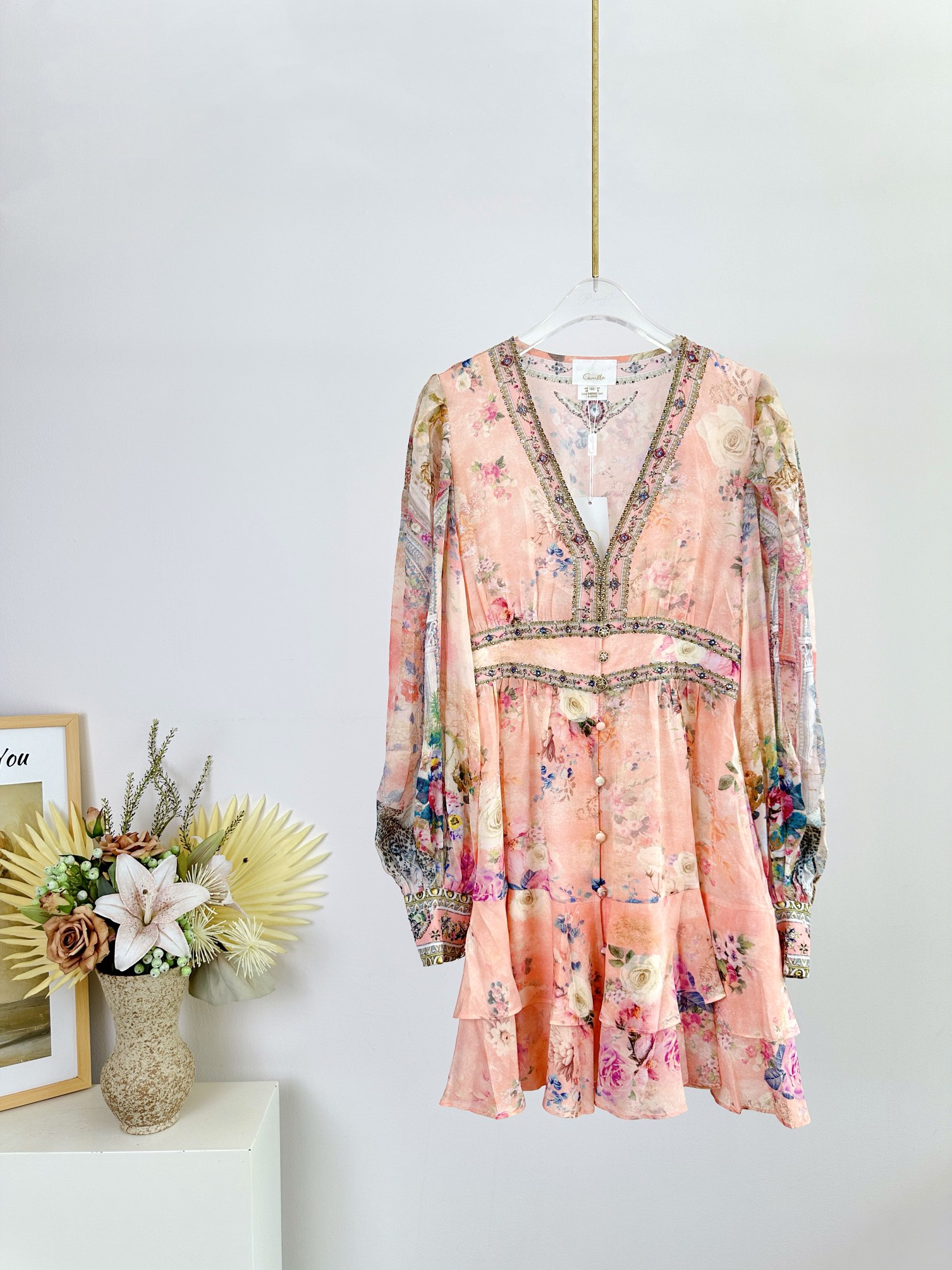 CAMILLA 100% silk printed long-sleeved mini dress V-neck crystal rhinestones - Picture 12 of 13