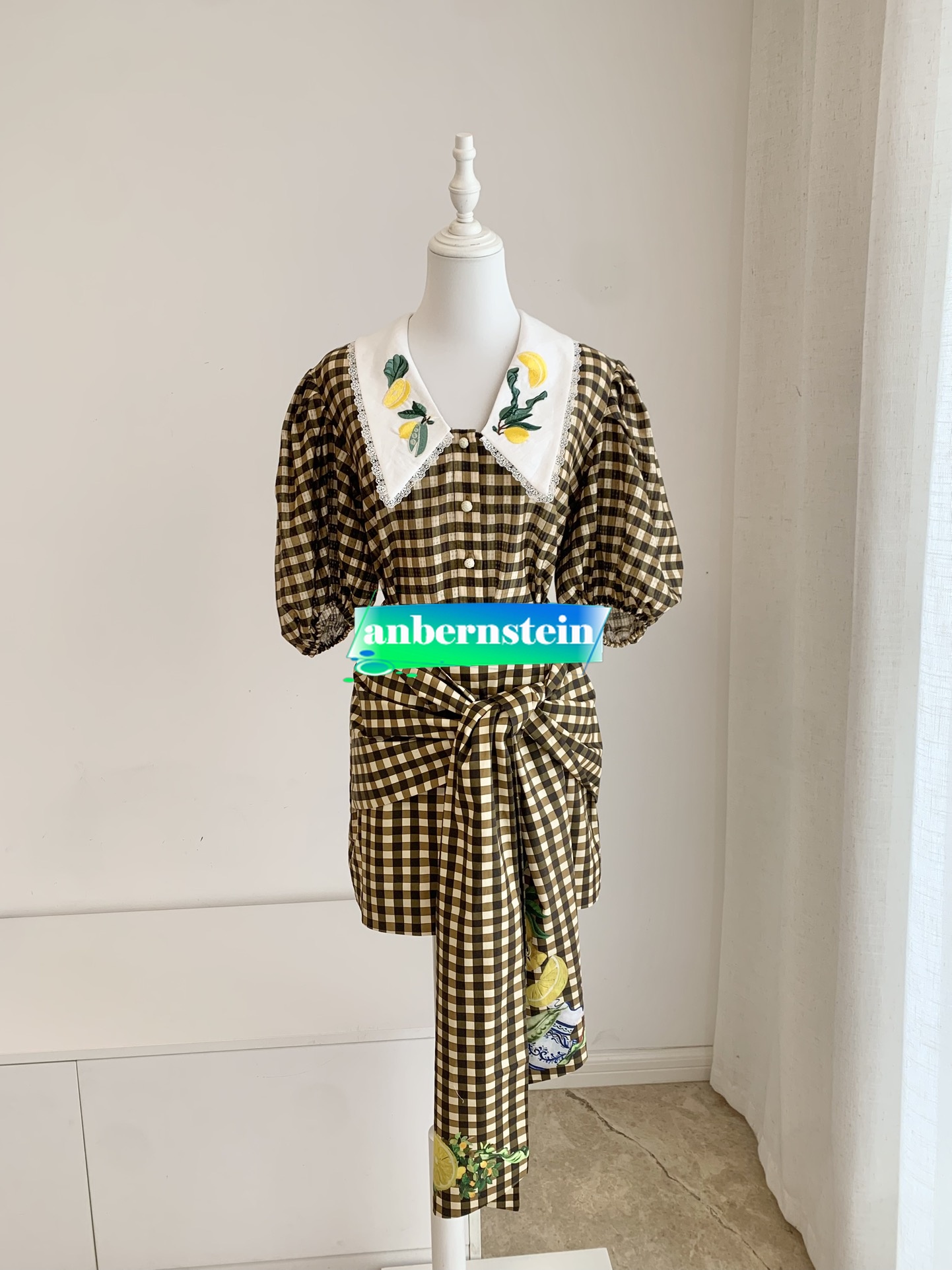 Alemais Lemon Coffee Embroidered Plaid Lapel Casual Shirt+Overskirt Suit Woman - Picture 20 of 20