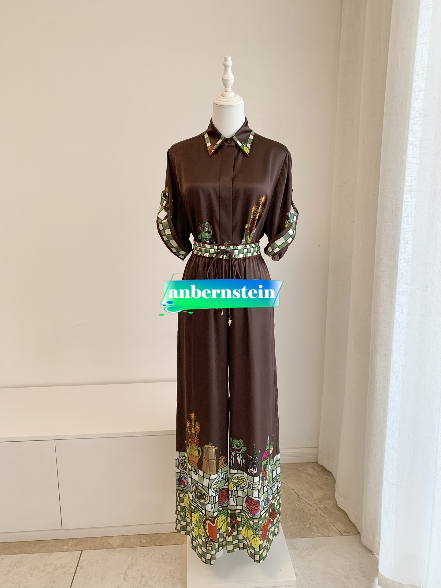 Alemais Silk Retro Coffee Color Illustration Printed Lapel Shirt+Wide-Leg Pants - Picture 11 of 11