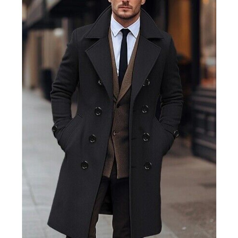 Men Mid-length Double-breasted Windbreaker British Thick Woolen Coat Slim Winter - Picture 14 of 16