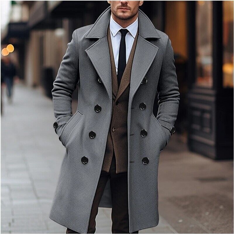 Men Mid-length Double-breasted Windbreaker British Thick Woolen Coat Slim Winter - Picture 16 of 16