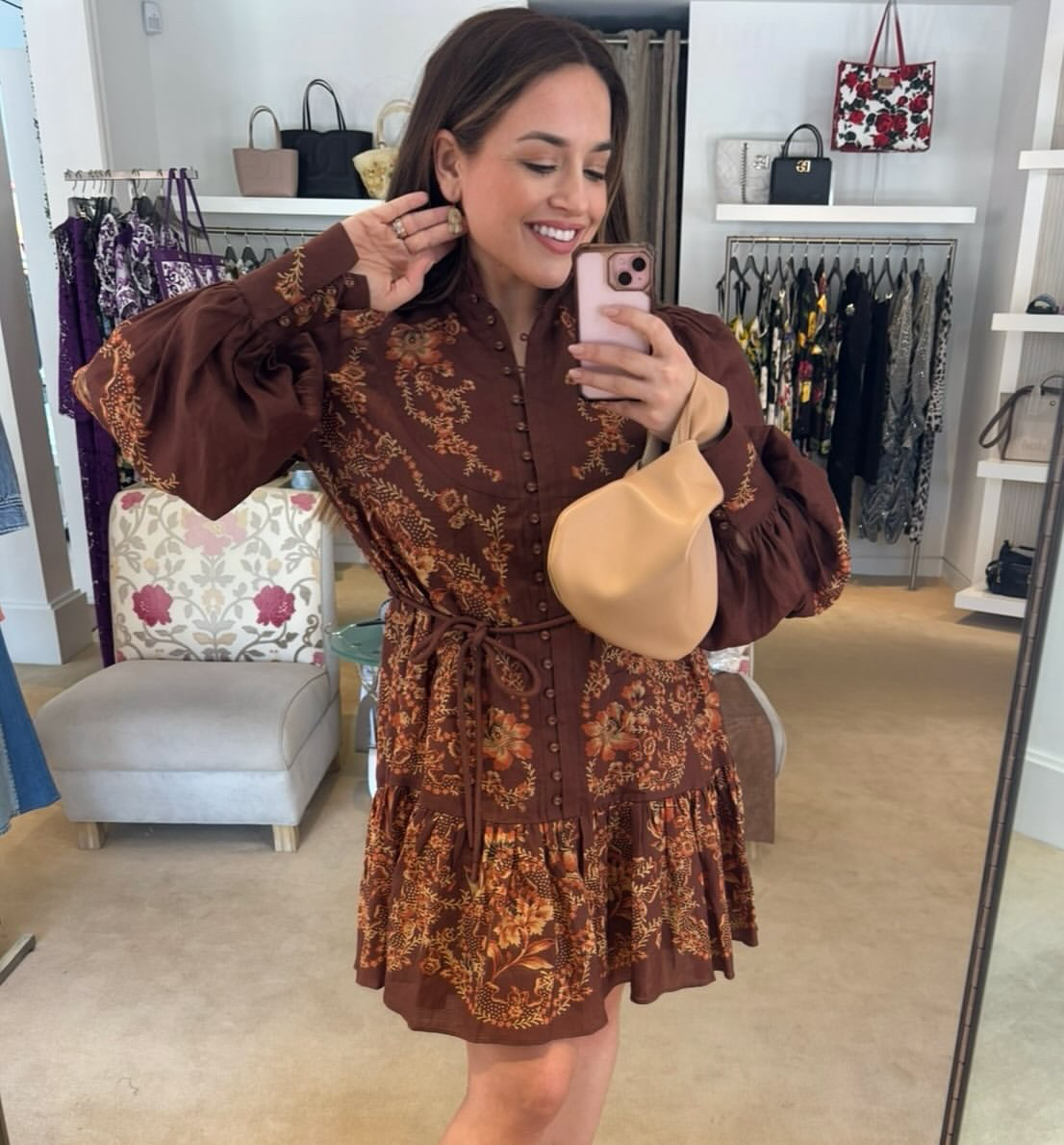 Alemais Seraphine bedrucktes Kurzarm Hemd + Hosenanzug Ramie Kaffee Kleid - Bild 36 von 43