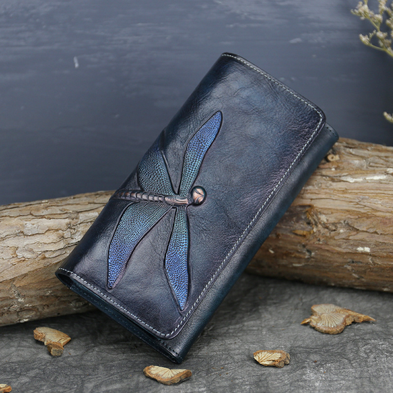 Women Genuine Leather Wallet Dragonfly Long Clutch Cards Holder Purse Money Bag - Picture 8 of 9
