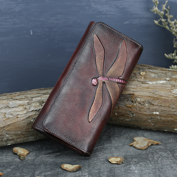 Women Genuine Leather Wallet Dragonfly Long Clutch Cards Holder Purse Money Bag - Picture 9 of 9