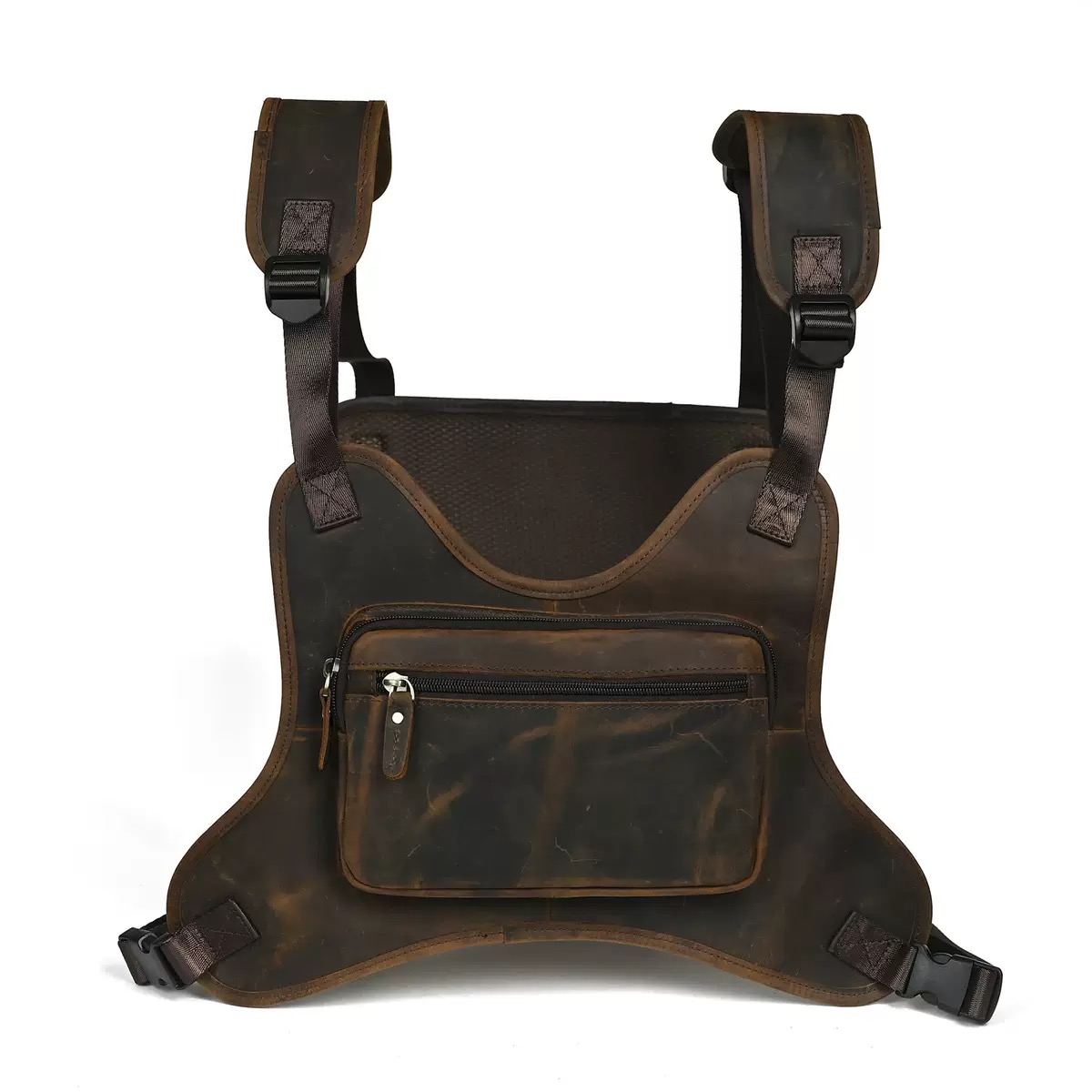 New Men Vintage Real Leather Two Straps Chest Rig Bags Rectangle Streetwear Hip-
