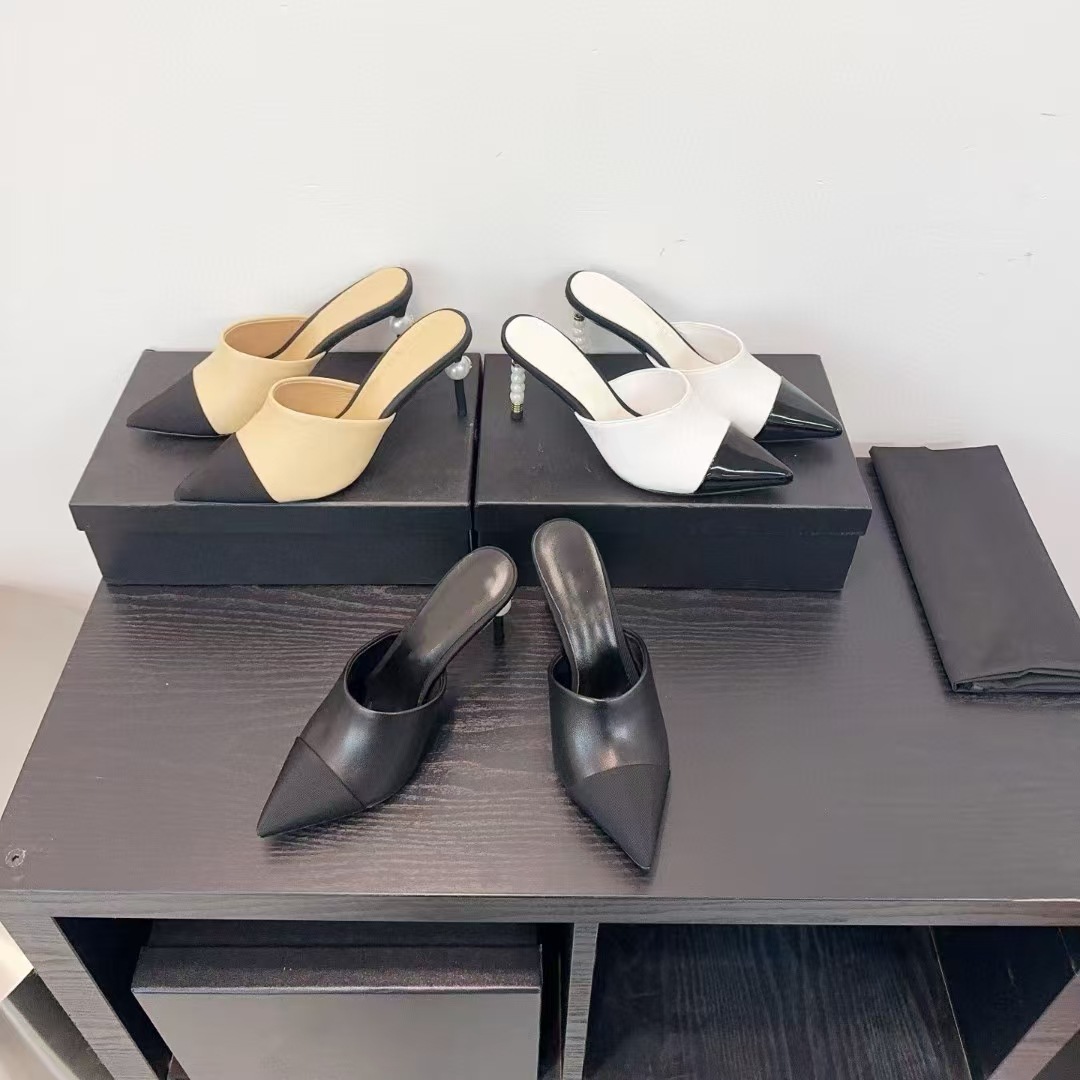 Baotou Semi-Slipper Female Stiletto Sandals Pointed High Heels French Pearl Shoe