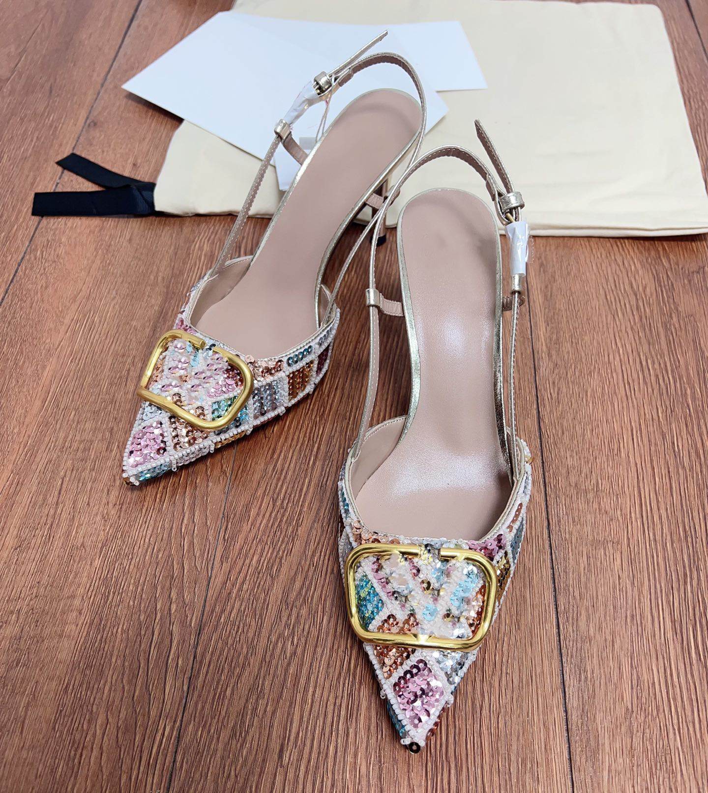 8.5cm stiletto point toe sandals pump Colorful glitter contrasting colors shoes