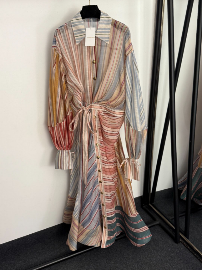 2026 NEW contrast stripe ruffled lace waist long sleeve shirt dress long skirt S
