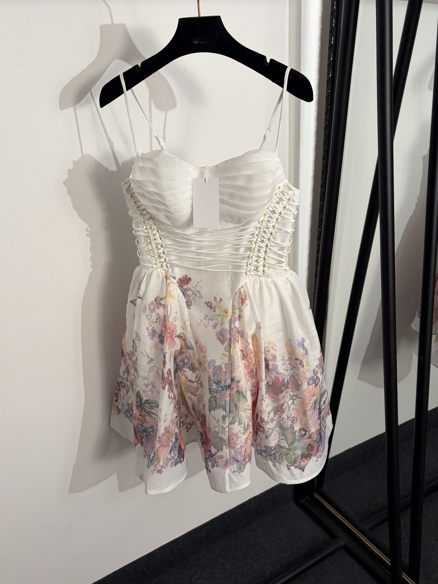2026 summer color flower-and-bird print beaded tube top sling dress fluffy skirt