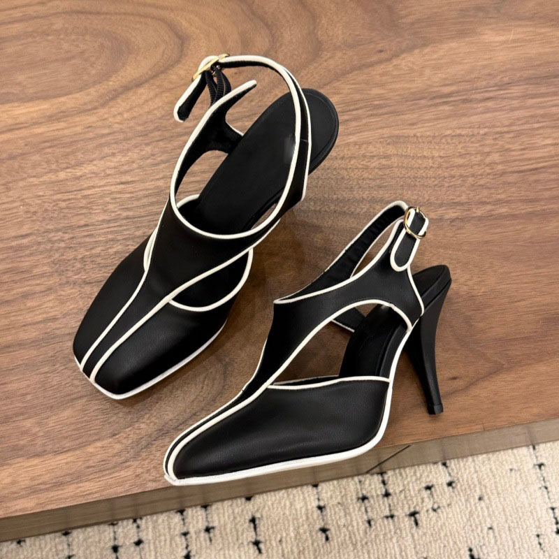 2026summer leather round head shallow mouth buckle stiletto heels Baotou sandals