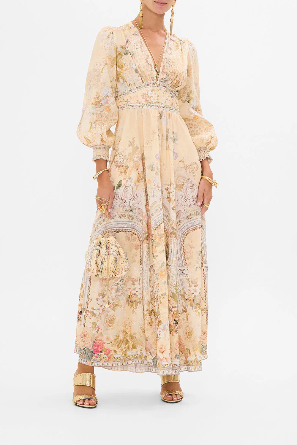 Camilla Printed V-neck Long-sleeved Bubble Sleeve Women's Dress retro S-XL beige