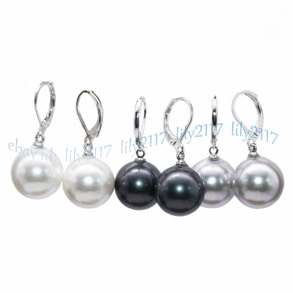 3Pairs 8-16mm White Gray Black Round Shell Pearl Dangle Silver Leverback Earring - Picture 13 of 17
