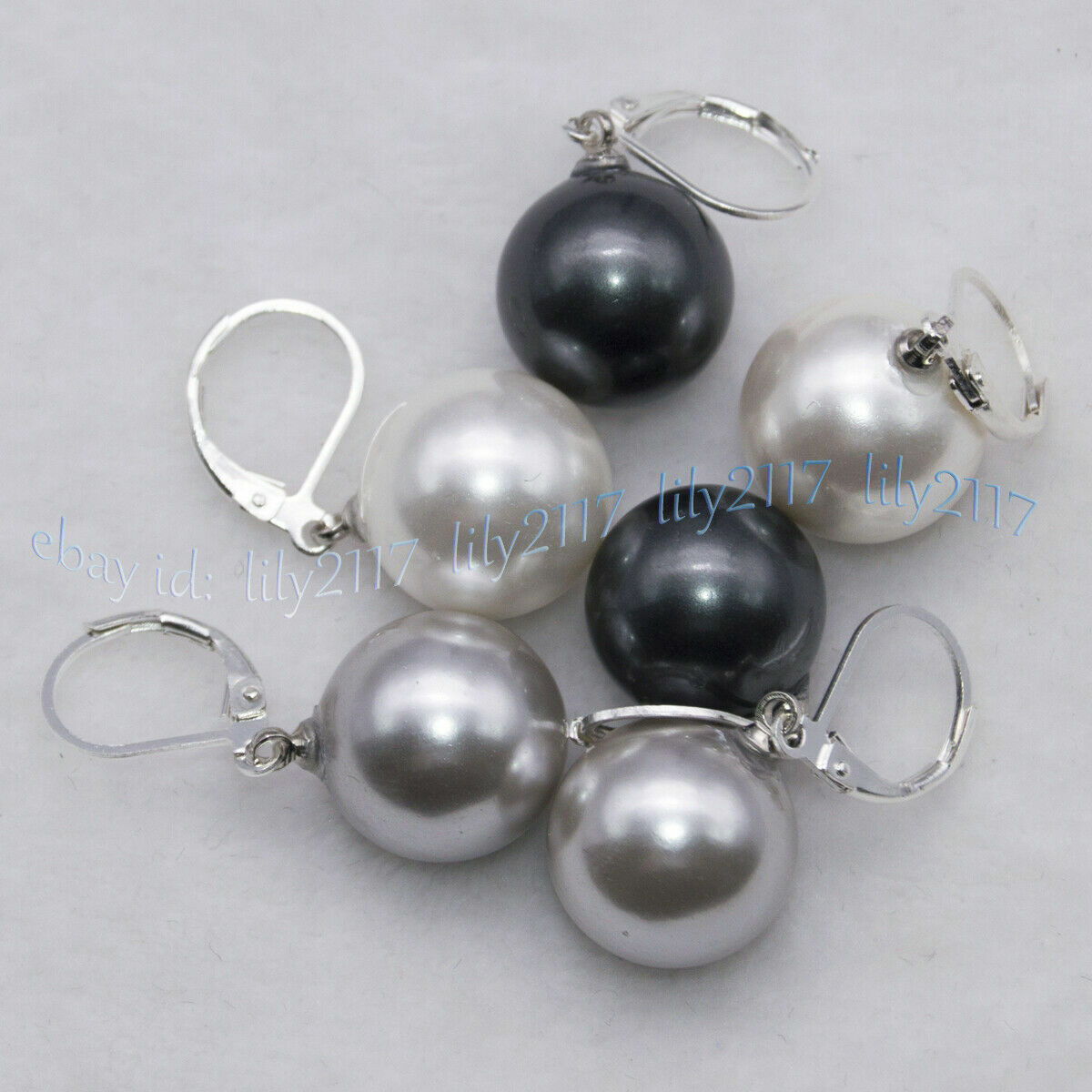 3Pairs 8-16mm White Gray Black Round Shell Pearl Dangle Silver Leverback Earring - Picture 14 of 17
