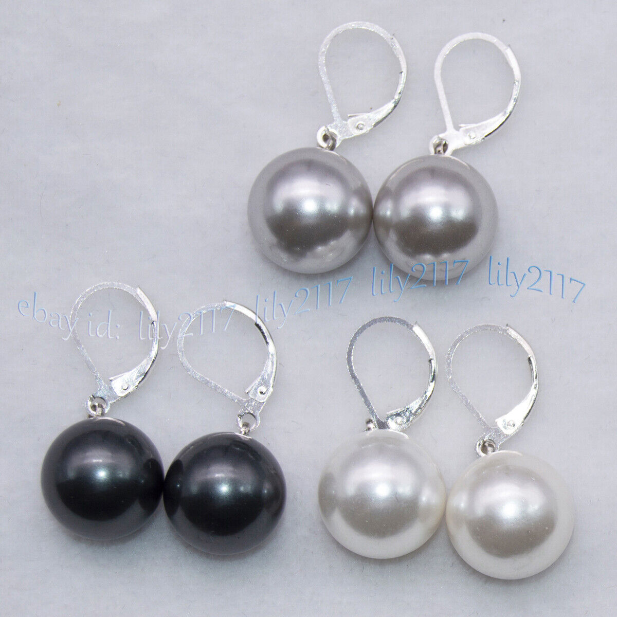 3Pairs 8-16mm White Gray Black Round Shell Pearl Dangle Silver Leverback Earring - Picture 15 of 17